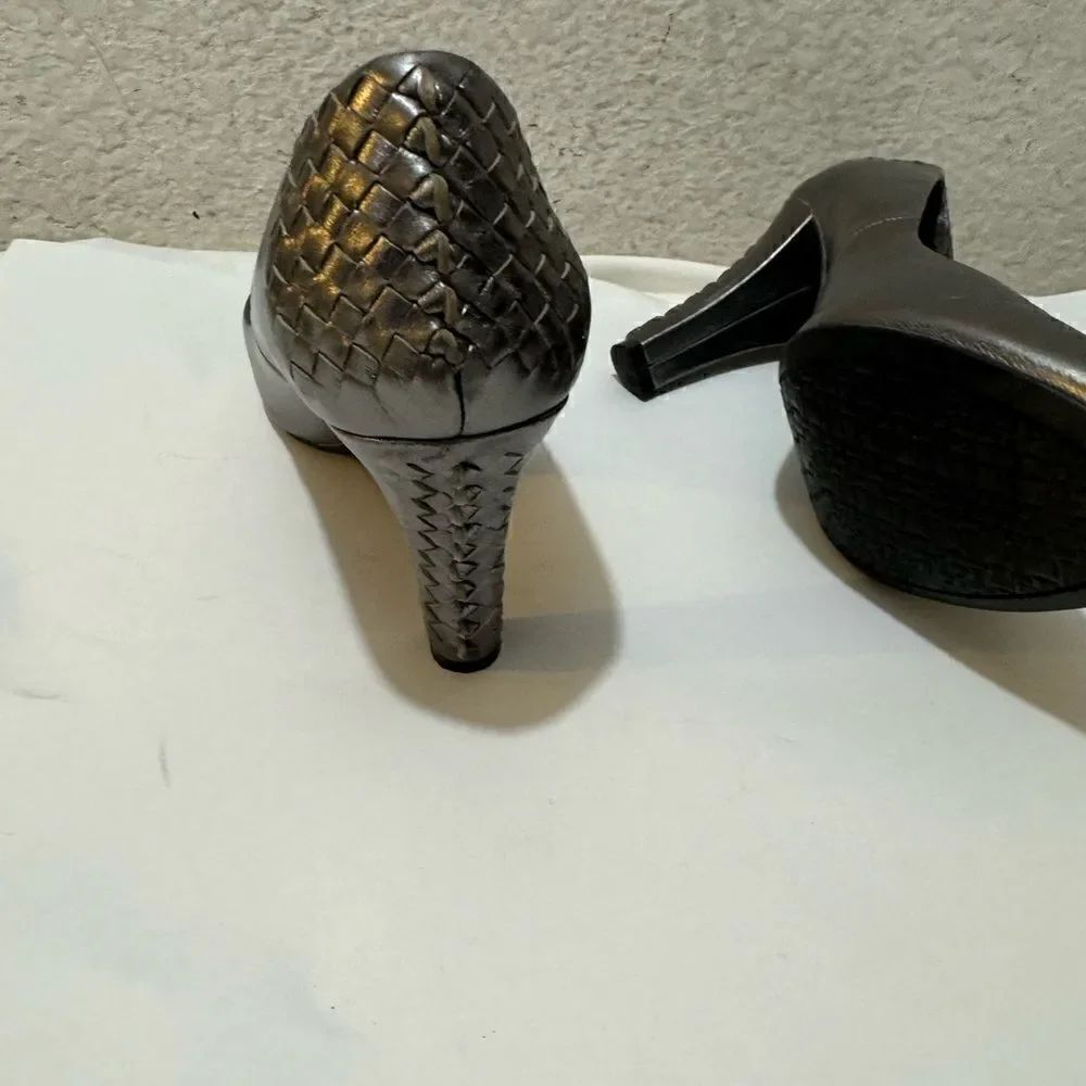 Elliott Lucca Metallic Weaved Peep Toe Heels